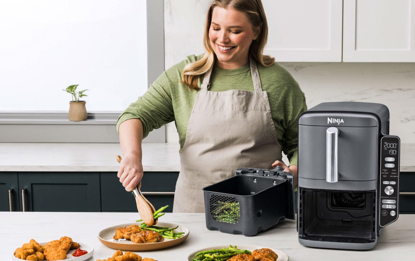 Ninja Double Stack XL Air Fryer Heißluftfritteuse, 9,5L Airfryer, Doppelkorb-Heißluftfritteuse mit 4 Kochstufen, 2 Körben, 2 Rosten, platzsparendes Design, 6 Kochfunktionen, 8 Portionen, Grau SL400EU