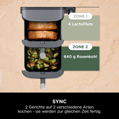 Ninja Double Stack XL Air Fryer Heißluftfritteuse, 9,5L Airfryer, Doppelkorb-Heißluftfritteuse mit 4 Kochstufen, 2 Körben, 2 Rosten, platzsparendes Design, 6 Kochfunktionen, 8 Portionen, Grau SL400EU